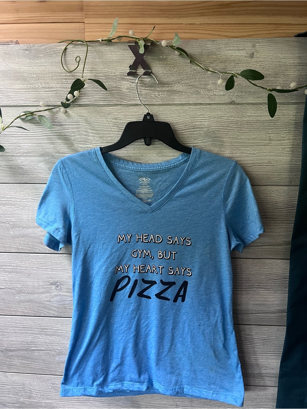 Blue V-Neck Graphic Tee - My Head Says Gym, My Heart Says Pizza